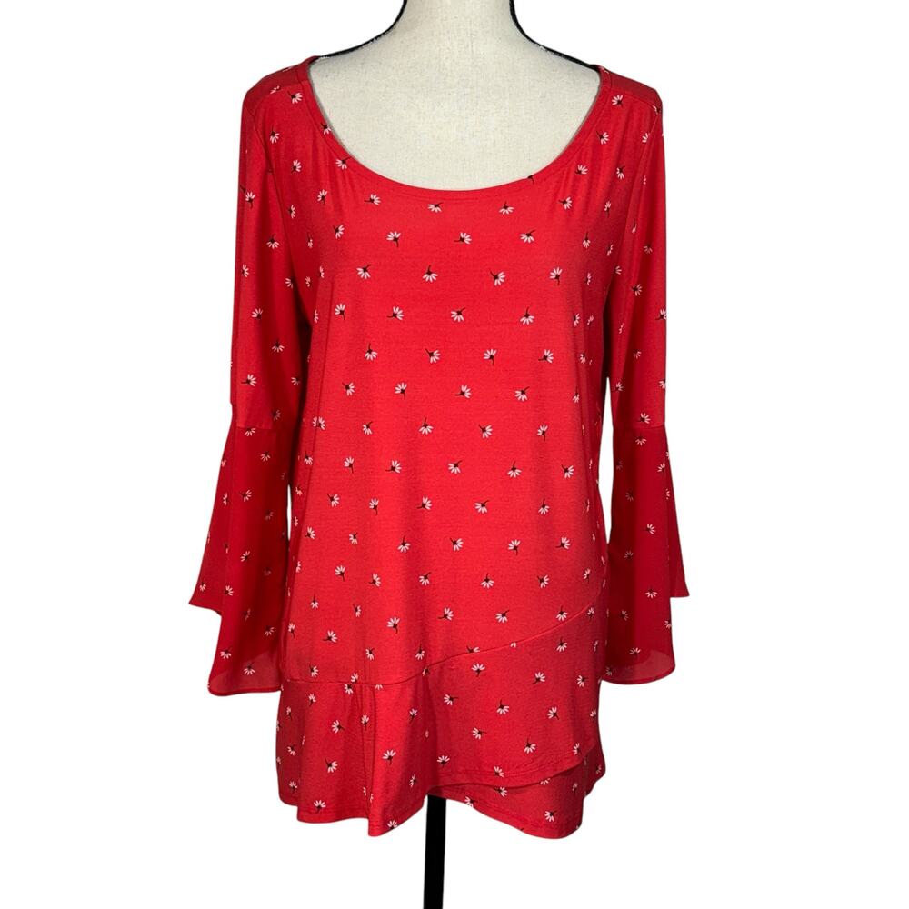Roz & Ali Large Top Floral 3/4 Bell Sleeves Hi-Low Hem Scoop Neck Stretch Red